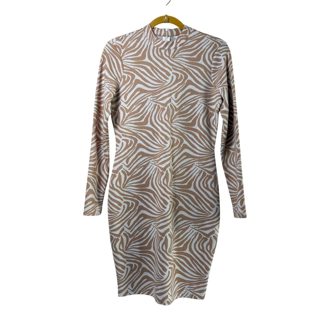 Ted Baker Villani Zebra Midi Dress Size 2 Tan Camel Mock Neck Bodycon Stretch